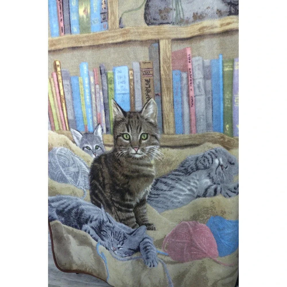 Vtg Cats in Library Bookshelf Fleece Throw Blanket Kittens Plush Cottage Whimsy